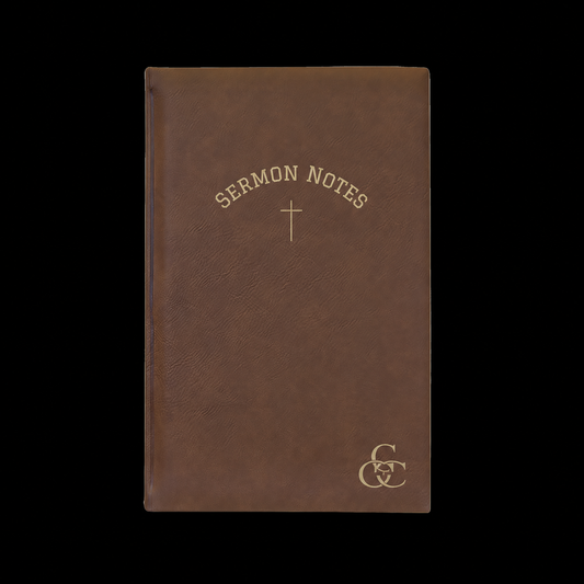 Brown notebook with 'Sermon Notes' and a cross on a black background