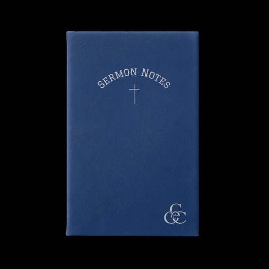 Blue notebook titled 'Sermon Notes' with a cross symbol on a black background